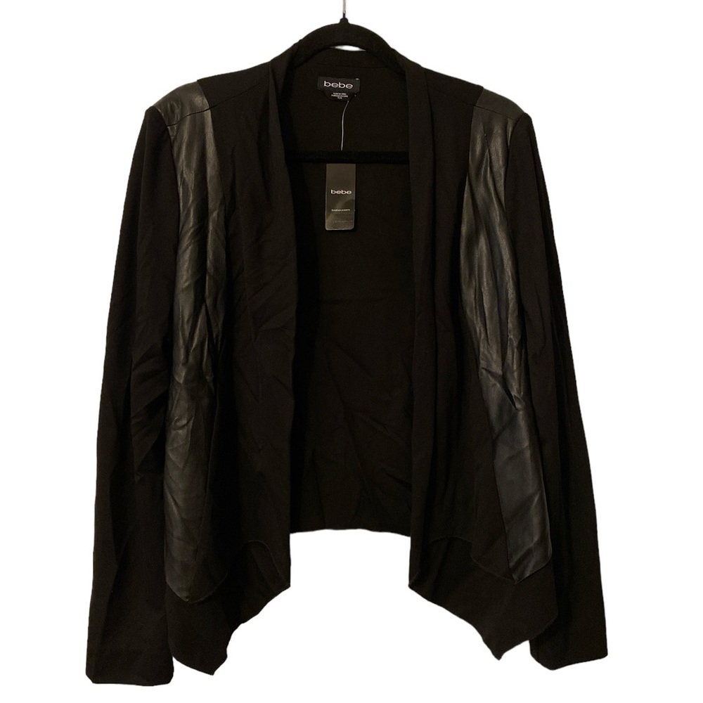 NWT Women’s Medium Bebe Faux Leather Open Front Drape Jacket